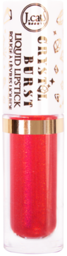 J.Cat Crystal Burst Liquid Lipstick 102 Secret Ruby. Czerwony, połyskujący błyszczyk w przezroczystej tubce, widok z przodu.