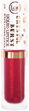J.Cat Beauty Crystal Burst Liquid Lipstick w intensywnej czerwieni z metalicznym blaskiem, pionowy widok z przodu.