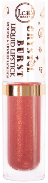 J.cat Beauty Crystal Burst błyszczyk z drobinkami, odcień różu, w przezroczystej tubce, złota nakrętka, widok z przodu.