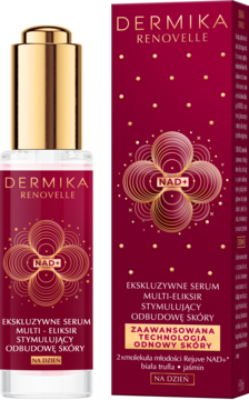 Dermika Renovelle serum na dzień z NAD+ w butelce z zakraplaczem i pudełku, czerwono-złote opakowanie.