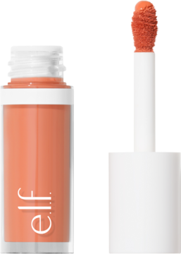 e.l.f. Camo Liquid Blush Peach Perfect, otwarta butelka i aplikator z brzoskwiniowym odcieniem.