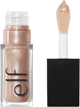e.l.f. Glow Reviver Glimmer Lip Oil Crystal Baller. Beżowo-złoty olejek w przezroczystej butelce, aplikator z produktem.
