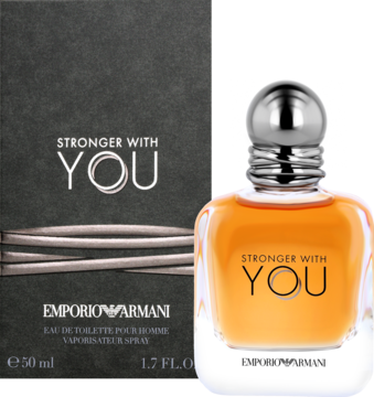 Emporio Armani Stronger With You woda toaletowa, ciemne pudełko i bursztynowa butelka z srebrnym korkiem, widok z przodu.