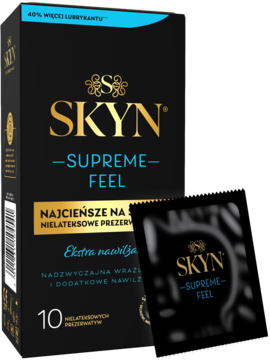 Czarne pudełko prezerwatyw SKYN Supreme Feel, najcieńszych nielateksowych, z saszetką na żółtym tle.