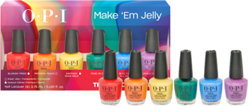 Zestaw 6 mini lakierów OPI Make 'Em Jelly w kolorach tęczy: czerwony, pomarańczowy, żółty, zielony, niebieski, fioletowy.