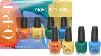 Zestaw 4 mini lakierów do paznokci OPI Make 'Em Jelly: pomarańcz, żółć, zieleń, błękit, z barwnym pudełkiem.