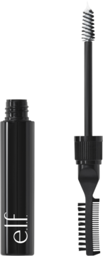 Bezbarwny żel do brwi e.l.f. Brow Laminating Gel w czarnej tubce z otwartą nakrętką, widoczny dwustronny aplikator.