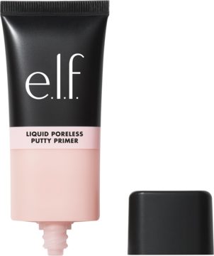 Baza e.l.f. Liquid Poreless Putty Primer, czarno-różowa tubka, widok z przodu, obok czarna nakrętka. Wygładza pory.
