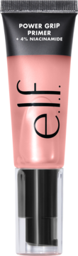 e.l.f. Power Grip Primer z 4% niacynamidem, rozświetlający, w peachy-różowej tubce z pompką, widok z przodu.