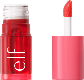 e.l.f. Sheer For It Tint Pink Positive, otwarta butelka z czerwonym płynem i aplikatorem.