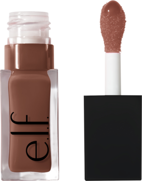 Otwarta szklana butelka e.l.f. Glow Reviver olejek do ust Honey Talks z brązowym płynem i aplikator obok.