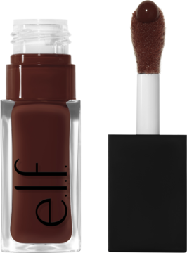 e.l.f. Glow Reviver Lip Oil Hot As Fudge, ciemnobrązowy, odżywczy olejek do ust w butelce i obok aplikator.