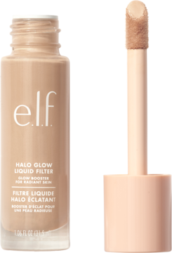 e.l.f. Halo Glow Liquid Filter, płynny rozświetlacz w odcieniu Medium Neutral, butelka z aplikatorem widoczna z przodu.