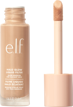 e.l.f. Halo Glow Liquid Filter, rozświetlacz w butelce z aplikatorem, beżowy odcień, widok z przodu.