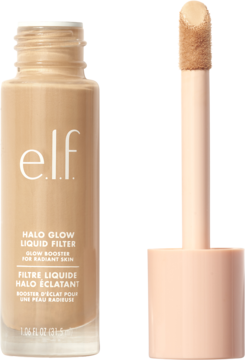 Rozświetlacz e.l.f. Halo Glow Liquid Filter w beżowej butelce, aplikator z produktem obok, widok z przodu.