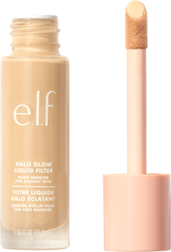 e.l.f. Halo Glow Liquid Filter Fair Cool, beżowa butelka z aplikatorem do rozświetlania twarzy, widok z przodu.