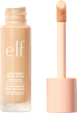 e.l.f. Halo Glow Liquid Filter, płynny rozświetlacz w jasnej butelce z aplikatorem typu doe-foot, widok z przodu.