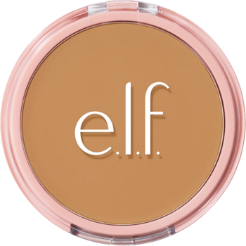e.l.f. Halo Glow Pressed Powder Medium Warm, okrągły, różowy kompakt z napisem e.l.f., widok z góry.