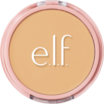 e.l.f. Halo Glow Light Warm puder prasowany, beżowy kompakt w okrągłej, jasnoróżowej puderniczce, z góry.