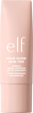 e.l.f. Halo Glow Skin Tint z mineralnym filtrem SPF 50, w jasnoróżowej tubce, widok z przodu.