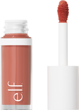 e.l.f. Camo róż w płynie Dusty Rose. Otwarty flakon z widocznym różowo-brązowym płynem i białym aplikatorem.