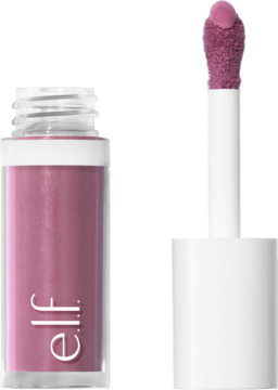 Otwarty płynny róż e.l.f. Camo Bold-Faced Lilac w buteleczce, aplikator z różowym produktem obok.