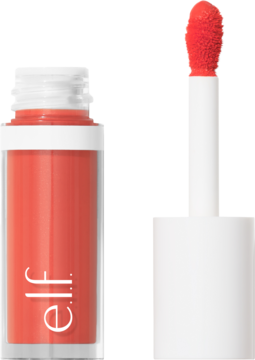 elf. Liquid Blush w koralowym kolorze, przezroczysta butelka z białym logo, aplikator obok.