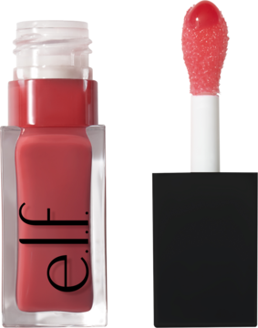 Olejek do ust e.l.f. Glow Reviver Rose Envy. Przezroczysta butelka i aplikator z różowym, błyszczącym płynem.