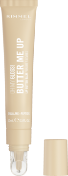 Rimmel Butter Me Up Lip Butter Balm, beżowa tubka ze skwalanem i peptydami, z odkręconą nakrętką.