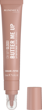 Rimmel Butter Me Up balsam do ust, brzoskwiniowa tubka z widocznym aplikatorem, Squalane + Peptide, zakrętka obok.