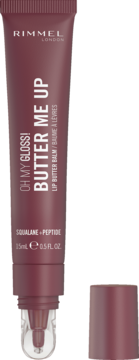 Rimmel OH MY GLOSS! Butter Me Up, balsam do ust ze skwalanem, ciemnoczerwona tubka z otwartym aplikatorem.