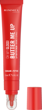 Rimmel London Butter Me Up, czerwony balsam do ust ze skwalanem i peptydami, widok z przodu z otwartą zakrętką.