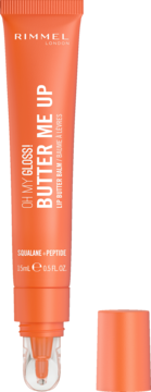Rimmel OH MY GLOSS! Butter Me Up lip balm, orange squeeze tube with Squalane+Peptide, cap off, front view.