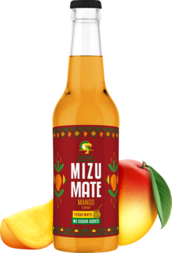 Pomarańczowy MIZU MATE Mango z yerba mate w szklanej butelce, czerwona etykieta, obok mango, widok z przodu.