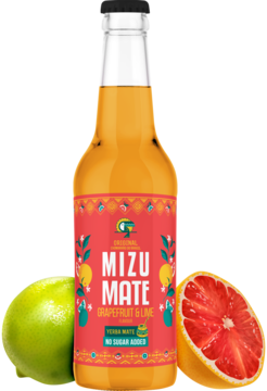 Butelka Mizu Mate Grapefruit & Lime, napój yerba mate bez cukru, z limonką i różowym grejpfrutem. Widok z przodu.