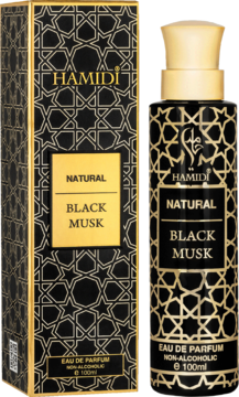 Czarna butelka i pudełko Hamidi Natural Black Musk Eau de Parfum 100ml ze złotymi, orientalnymi wzorami, widok z przodu.