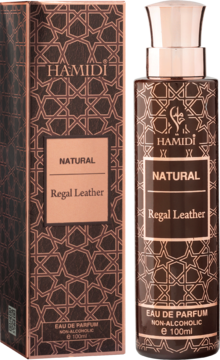 Perfumy Hamidi Natural Regal Leather 100ml w brązowym flakonie z miedzianym korkiem i orientalnym wzorem, obok pudełko.