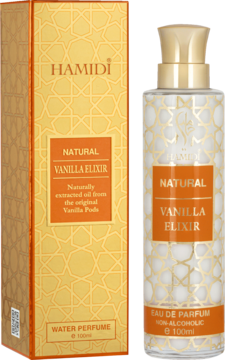 Zestaw Hamidi Natural Vanilla Elixir: złote pudełko z wzorem, przezroczysta butelka 100ml z pompką, widok przód.