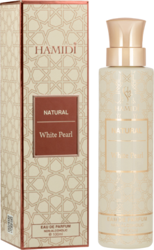 Hamidi Natural White Pearl: kremowa butelka perfum 100ml i beżowe pudełko z geometrycznym wzorem, widok z przodu.