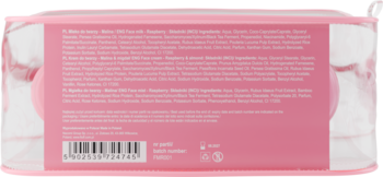 Tył opakowania zestawu kosmetyków Fluff Merry Raspberry, przezroczyste pudełko z różową etykietą i kodem.