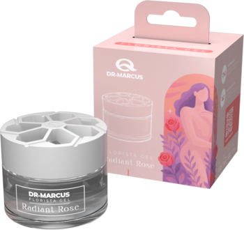 Dr. Marcus Flowerista Gel Radiant Rose, odświeżacz powietrza w słoiczku z białą nakładką, obok różowego pudełka.