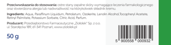 Linovit A+E krem ochronny, tył białego opakowania z listą składników, kodem kreskowym i napisem "50 g".