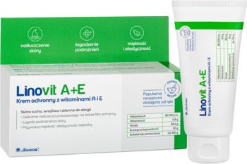 Krem Linovit A+E ochronny z witaminami A+E, biało-zielone pudełko i tubka na suchą skórę, widok przodu.