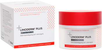 Linoderm Plus z pantenolem: biały kartonik i słoik z czerwoną pokrywką, dermatologiczny krem kojący.