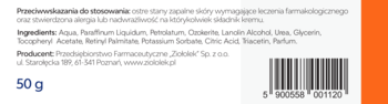 Tył opakowania kremu mocznikowego Linourea A+E z witaminami A i E, widoczne składniki, 50g i kod kreskowy.