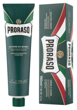 Proraso Refreshing krem do golenia: zielona tubka i pudełko stojące obok siebie, z olejkiem eukaliptusowym i mentolem.