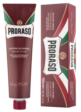 Krem do golenia Proraso Coarse Beards z olejkiem sandałowym, w bordowej tubce i pudełku, widok z przodu.