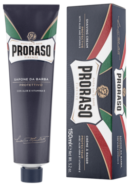 Proraso Protective krem do golenia z aloesem i witaminą E, granatowa tubka i pudełko, widok przód.