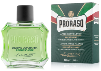 Proraso After Shave Lotion, odświeżający płyn z eukaliptusem i mentolem, zielona butelka obok pudełka.