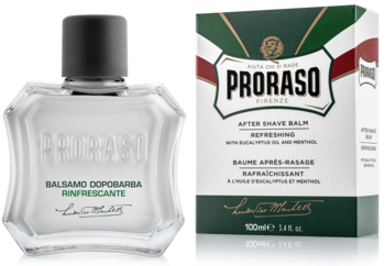 Proraso Refreshing After Shave Balsam: przezroczysta butelka i zielono-białe pudełko z eukaliptusem i mentolem, przodem.